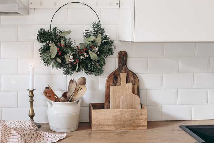 natural wood worktop with christmas decorations